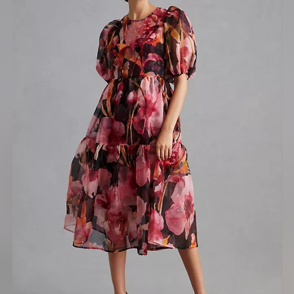 By Anthropologie Puff Sleeve Organza Silk Floral Midi Dress Size Large